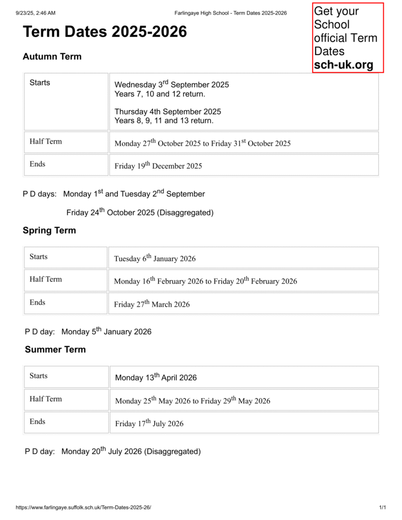 Farlingaye High School term dates