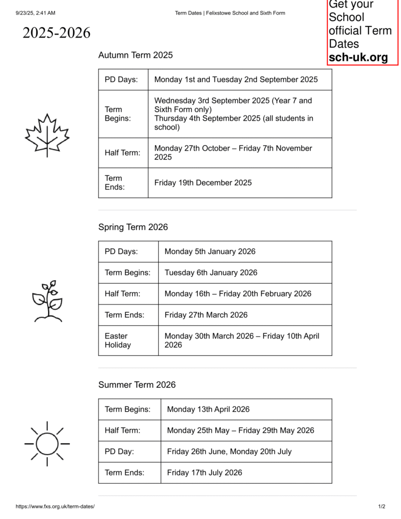 Felixstowe School term dates 25-26 Revised [pdf]