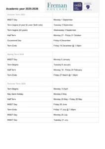 Freman College _ Term dates 25-26