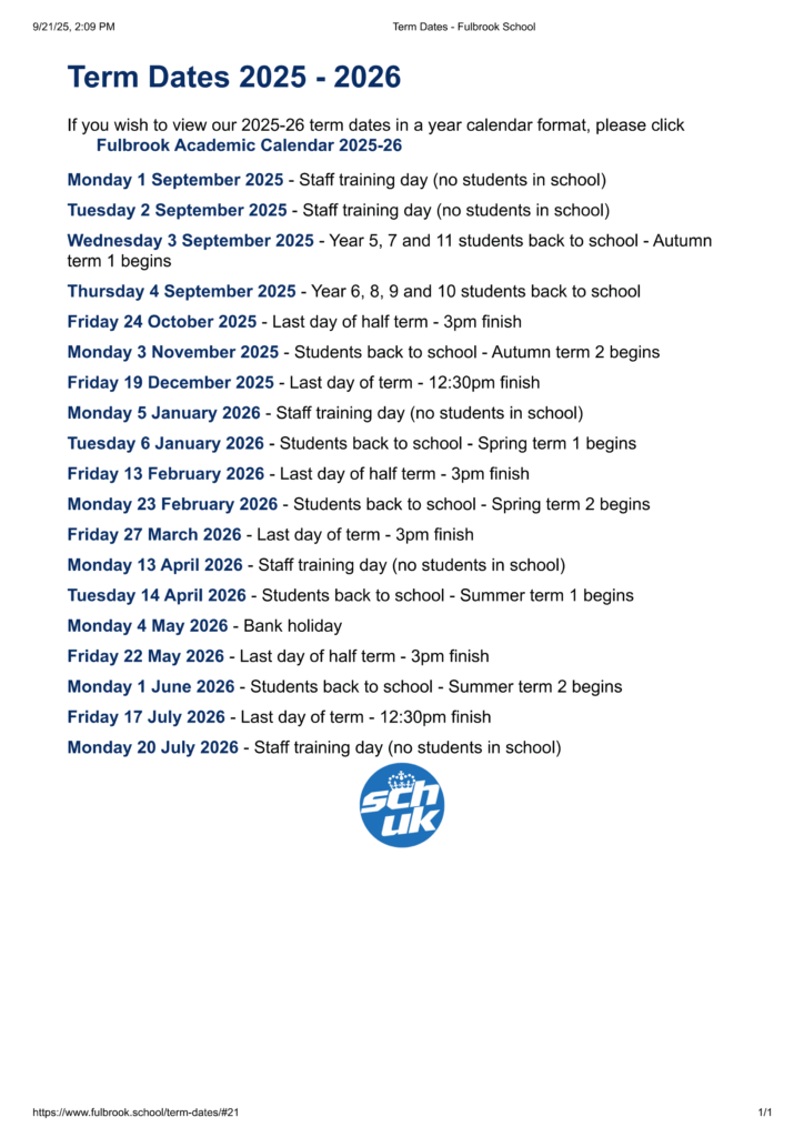 Fulbrook School term dates