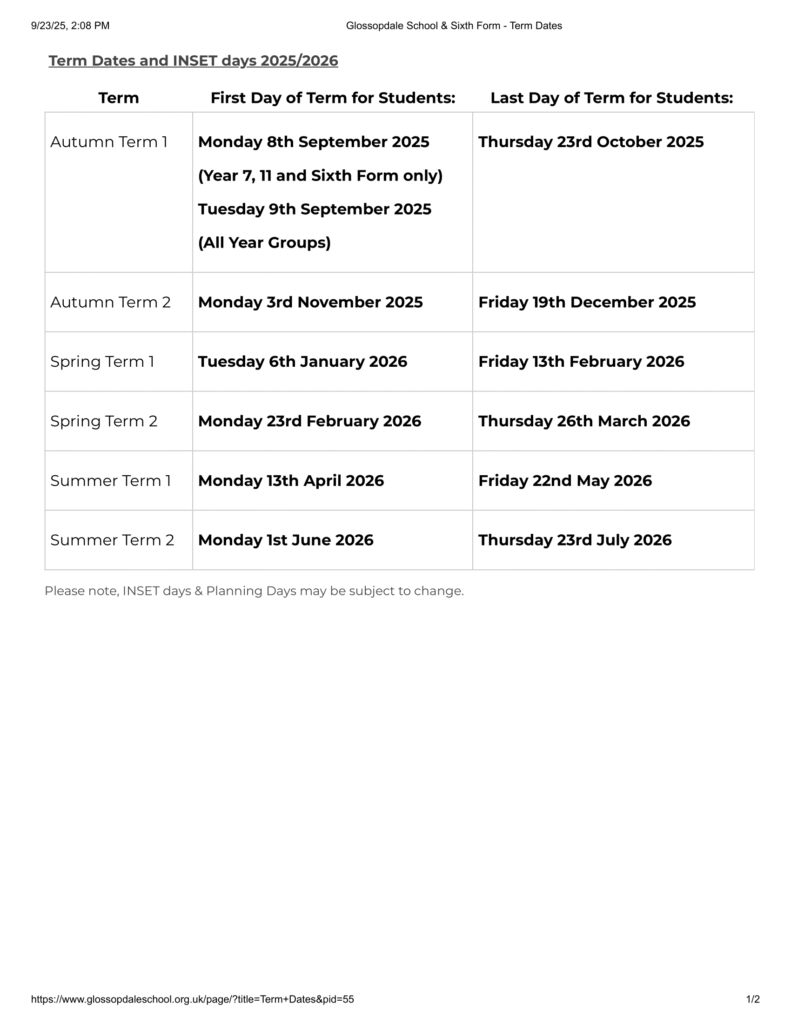 Glossopdale School term dates
