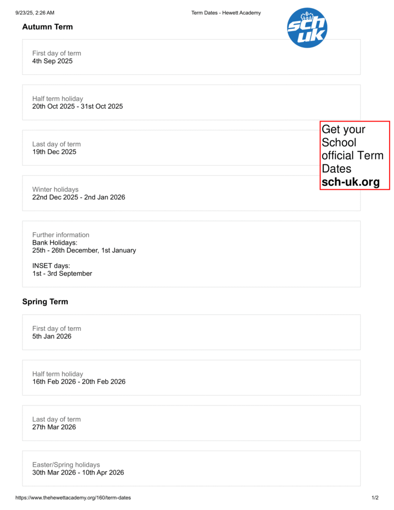 Hewett Academy term dates 1