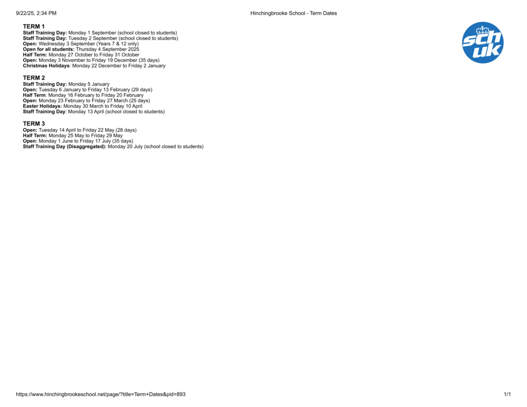 Hinchingbrooke School term dates 25-26 Revised