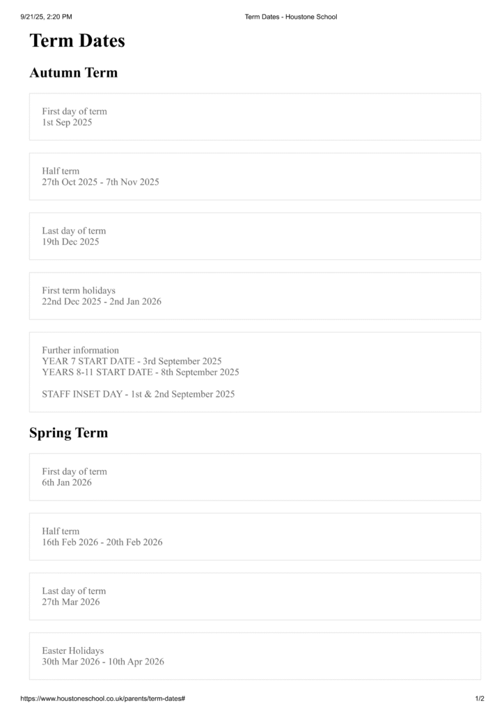 Houstone School term dates 25-26