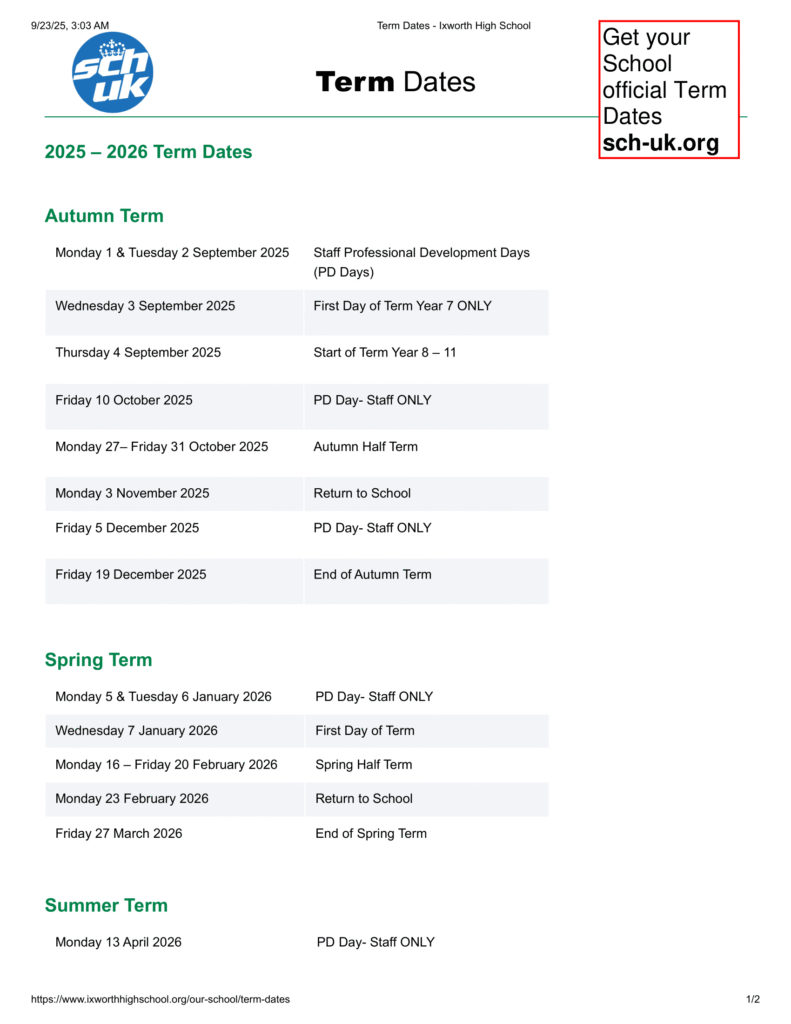 Ixworth High School term dates 1