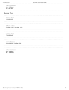 Jane Austen College term dates 2