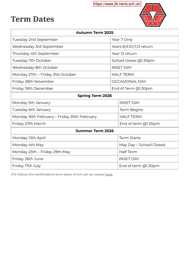 John F Kennedy Catholic School term dates