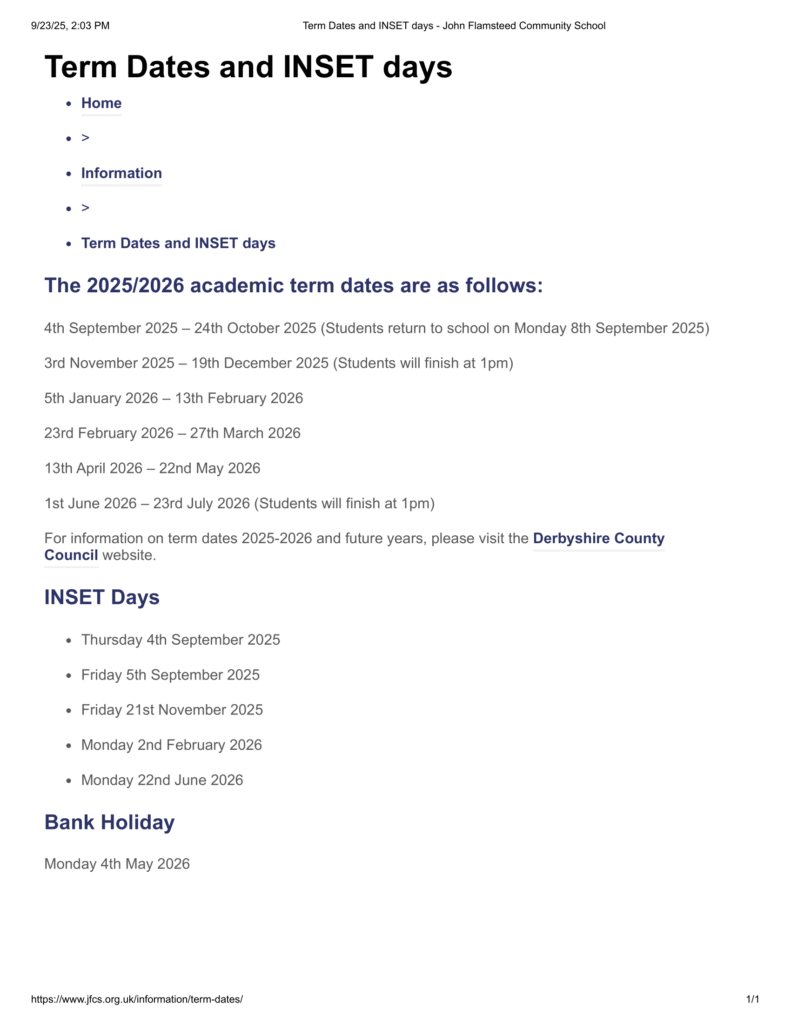 John Flamsteed Community School term dates