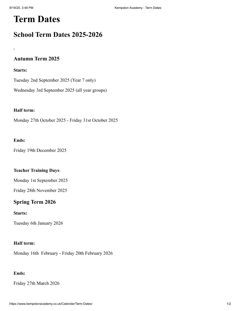 Kempston Academy - TERM DATES