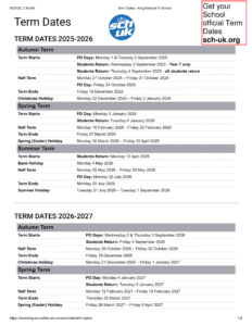 King Edward VI School, term dates 1