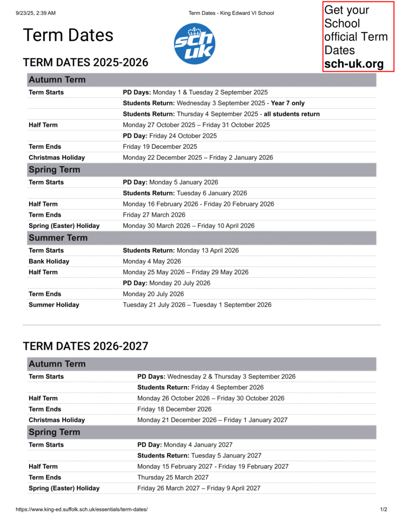 King Edward VI School, term dates 1