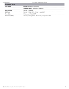 King Edward VI School, term dates 2
