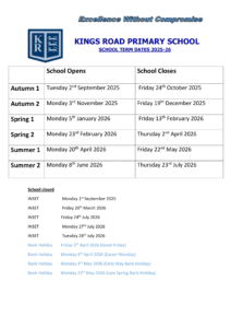 Kings Road Primary School Term Dates 2025–26