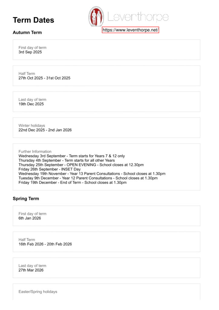 Leventhorpe School term dates 1