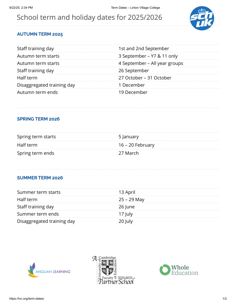 Term Dates – Linton Village College 25-26