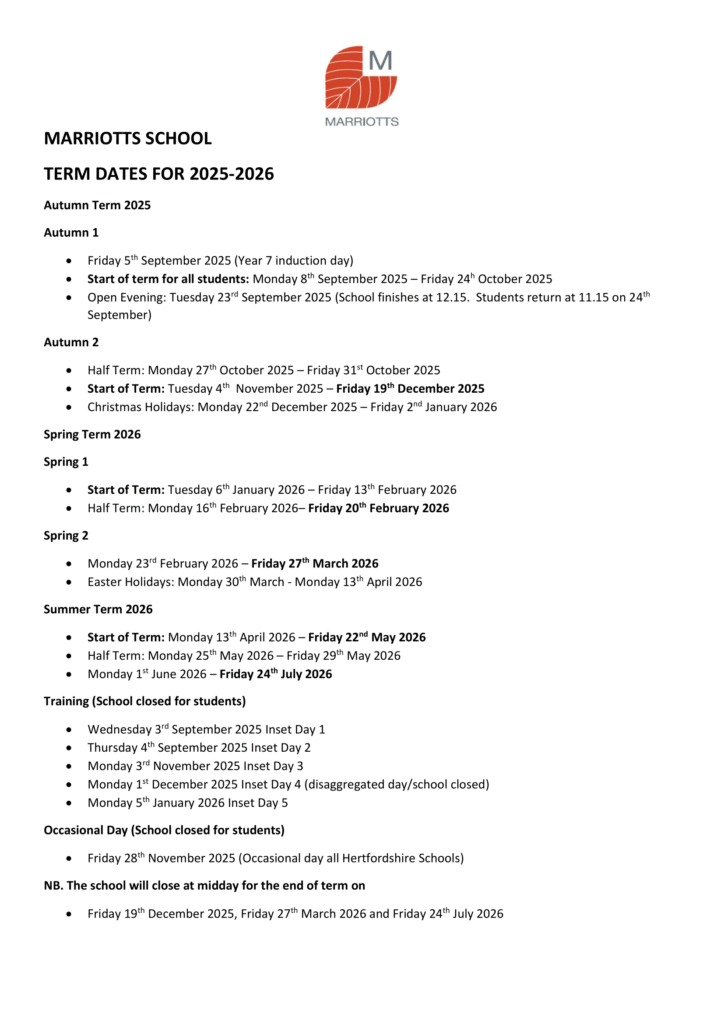 Term Dates - Marriotts School