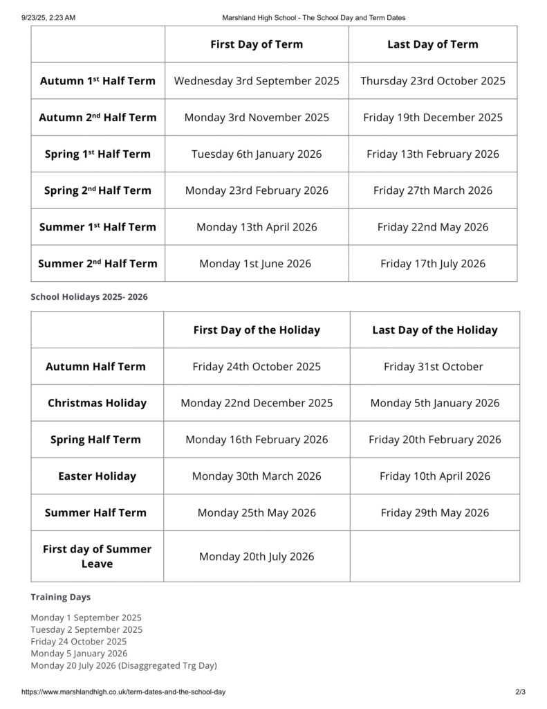 Marshland High School - term dates