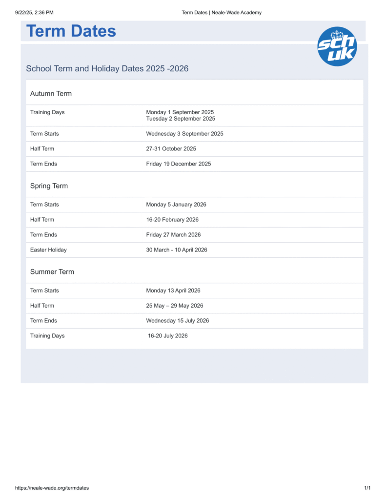 Neale-Wade Academy term dates