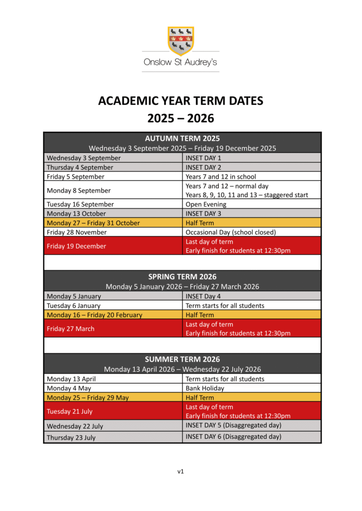 Onslow St Audrey’s term dates