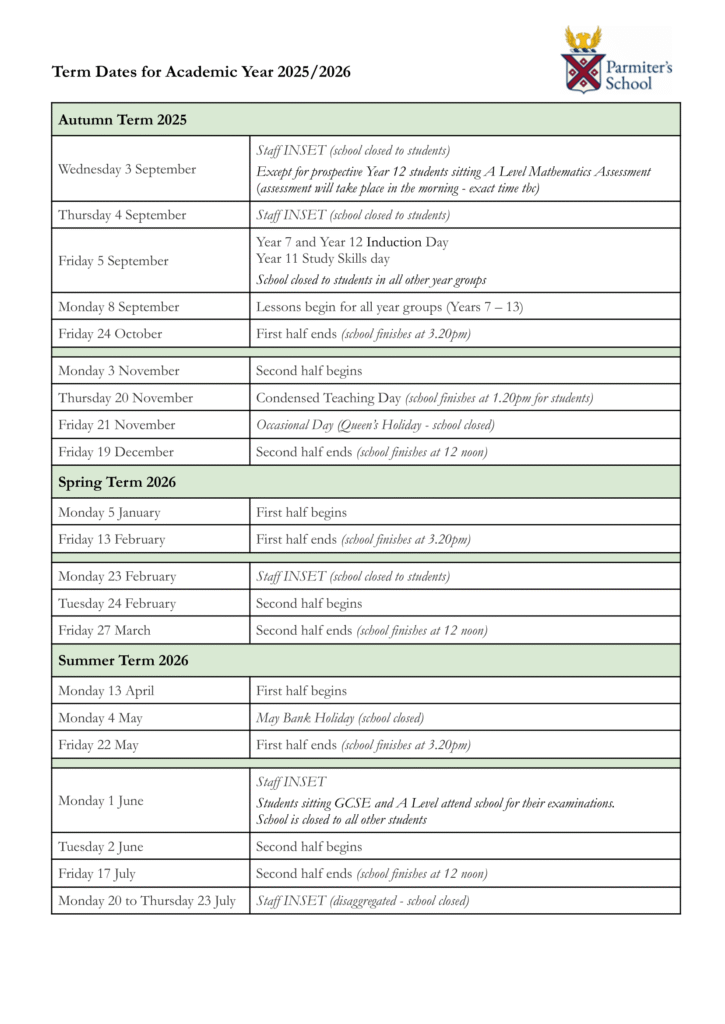 Parmiter's School - term dates