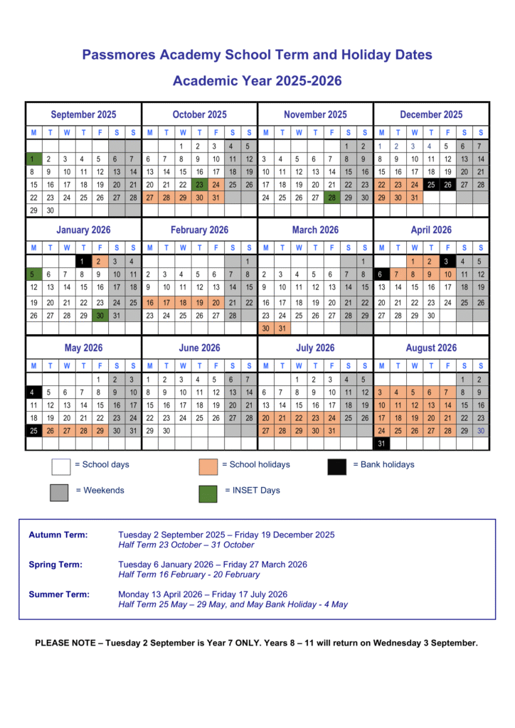 Passmores Academy - Term Dates 25-26