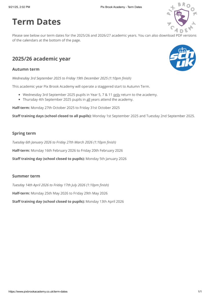 Pix Brook Academy term dates