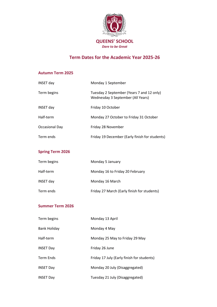 Queens' School Bushey Term Dates