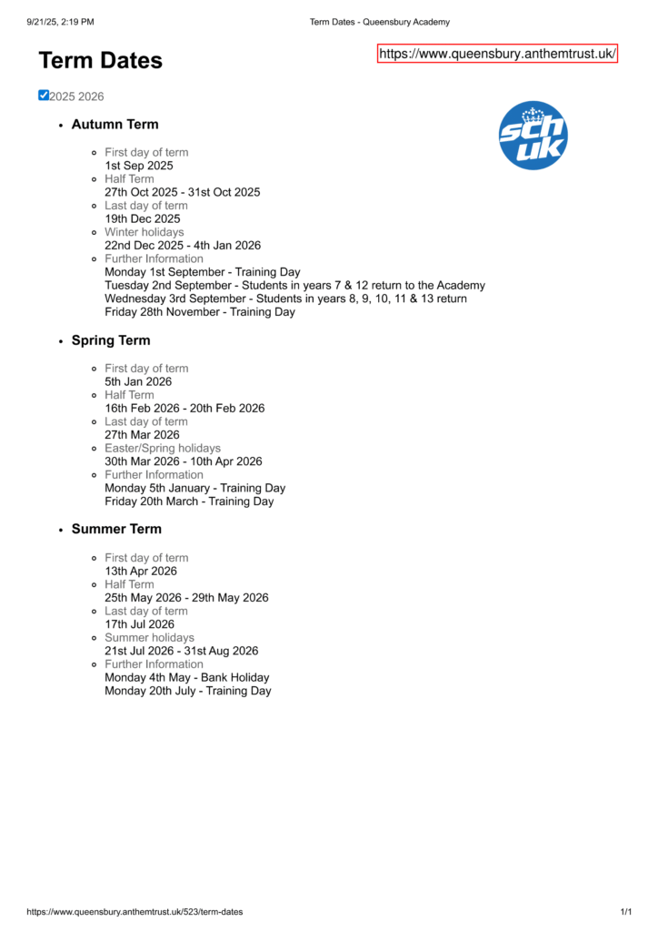 Queensbury Academy Term Dates 25-26