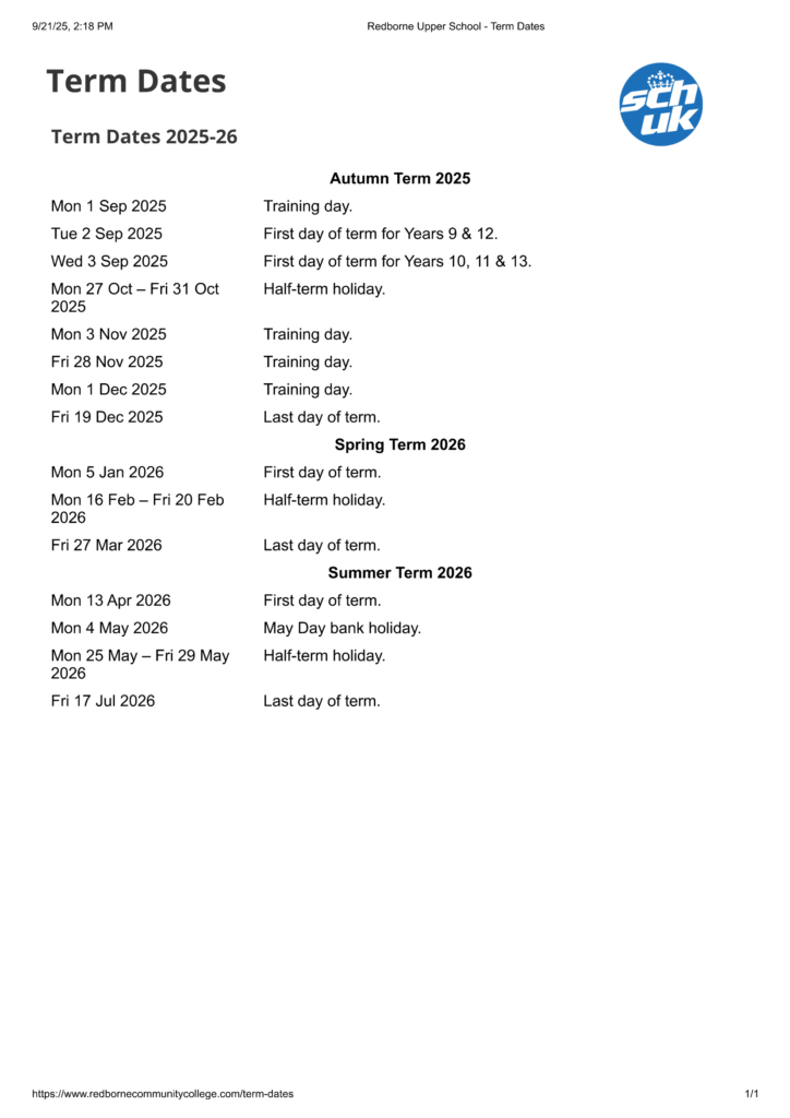 Redborne Upper School - Term Dates