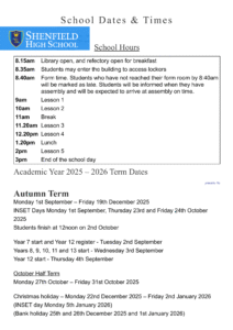 School Dates & Times - Shenfield High