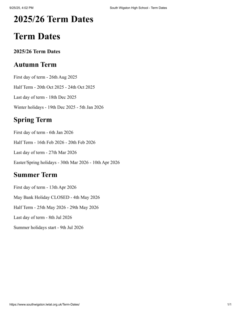 South Wigston High School - term dates