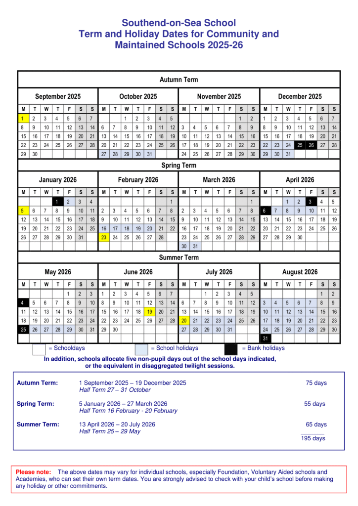 School term and holiday dates – Term dates – Southend-on-Sea City Council