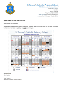 St Teresa's Catholic Primary School term dates
