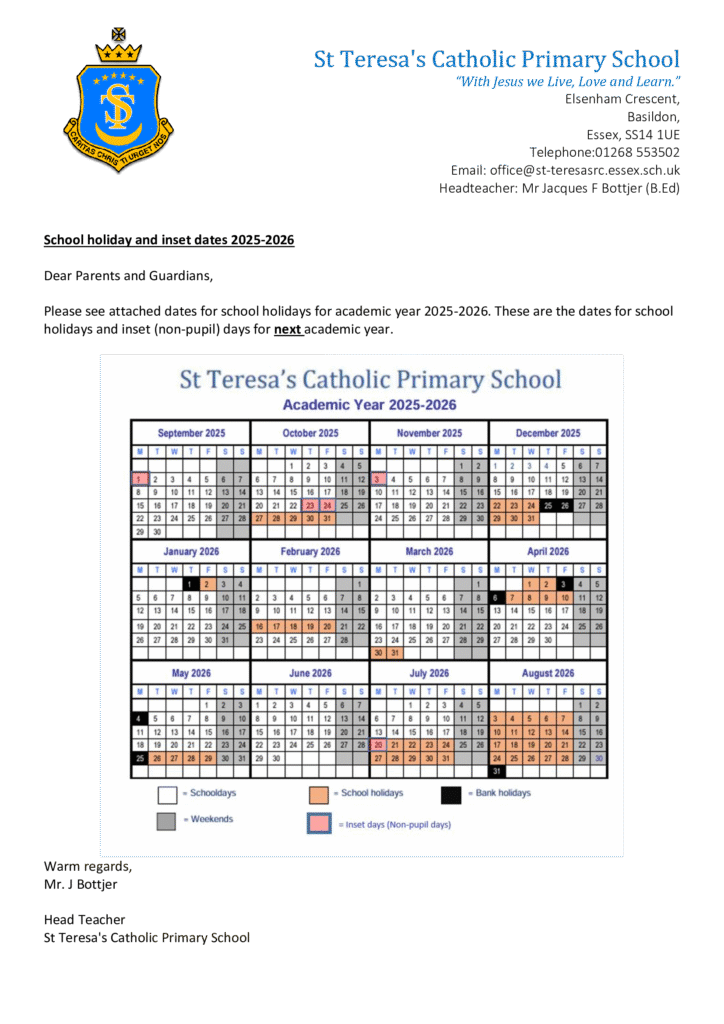 St Teresa's Catholic Primary School term dates