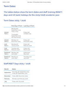 St Thomas More Catholic Voluntary Academy Term Dates