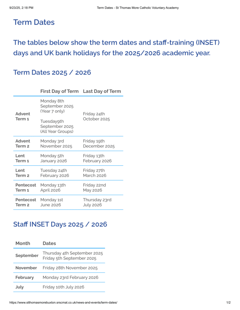 St Thomas More Catholic Voluntary Academy Term Dates