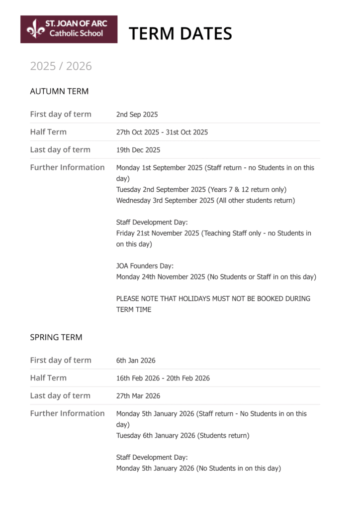 Term Dates - St Joan Of Arc Catholic School