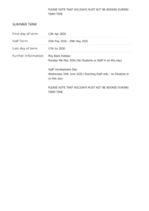 Term Dates - St Joan Of Arc Catholic School