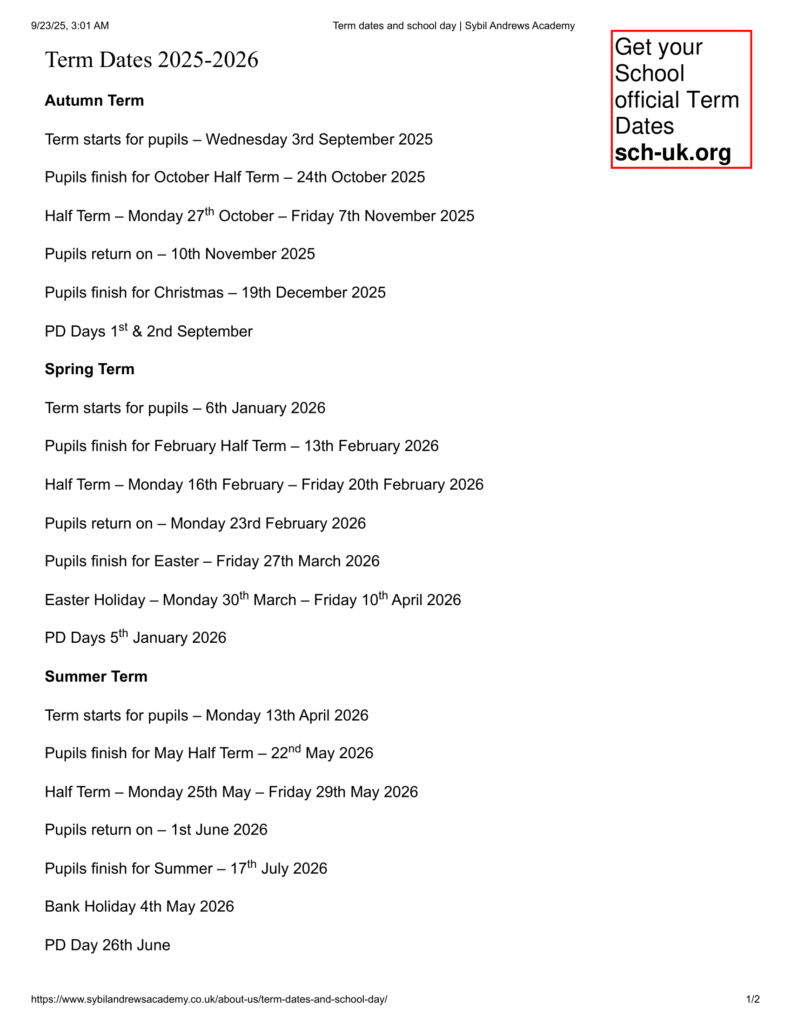 Sybil Andrews Academy term dates 25-26