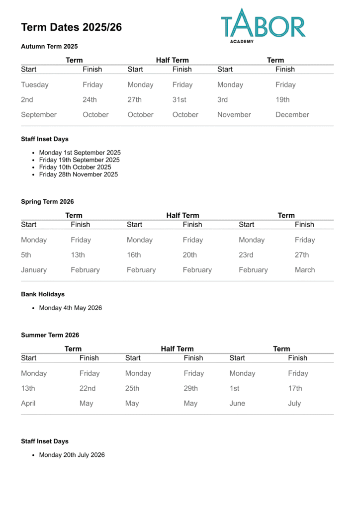 Term Dates - Tabor Academy