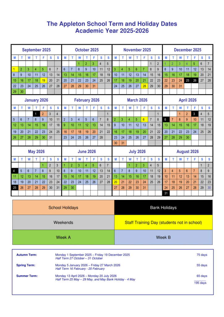 The Appleton School term dates 25-26