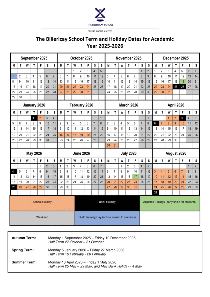 Billericay School - term dates 25-26