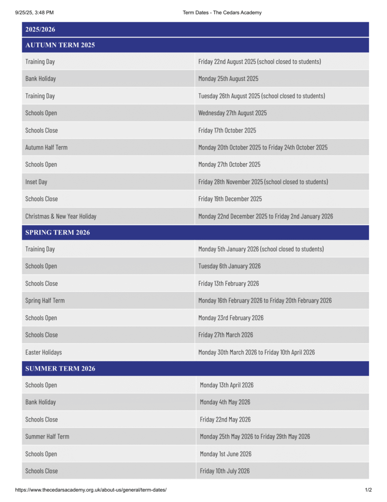 The Cedars Academy term dates 1