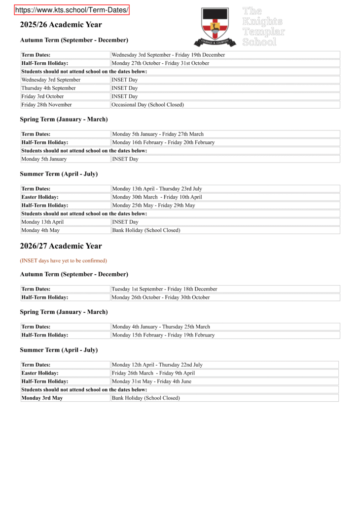The Knights Templar School - Term Dates 25-26 pdf