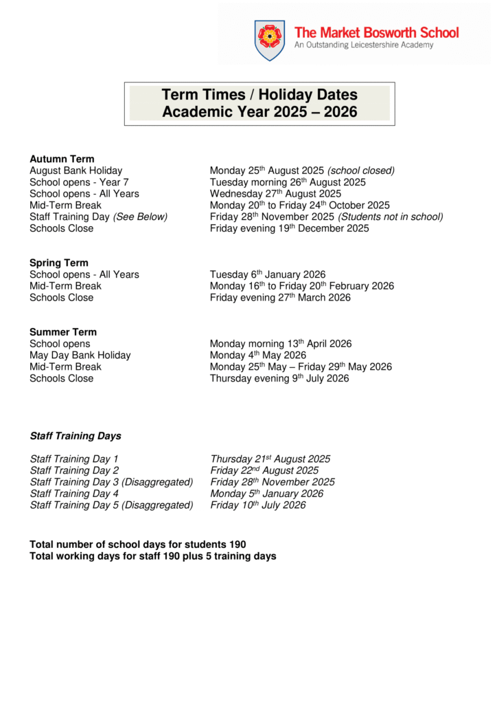 The Market Bosworth School 25-26 term Dates