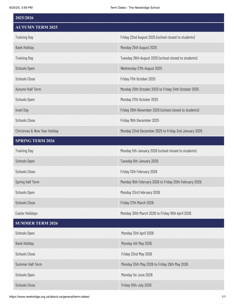 The Newbridge School term dates