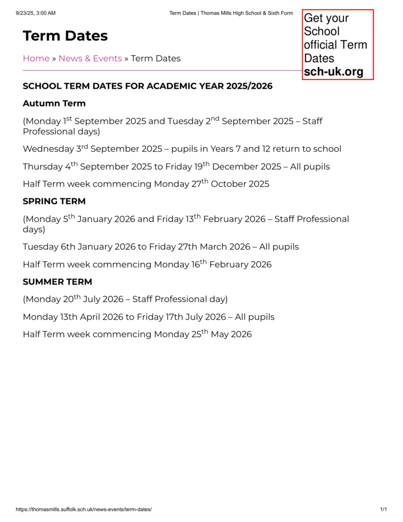 Thomas Mills High School & Sixth Form term dates
