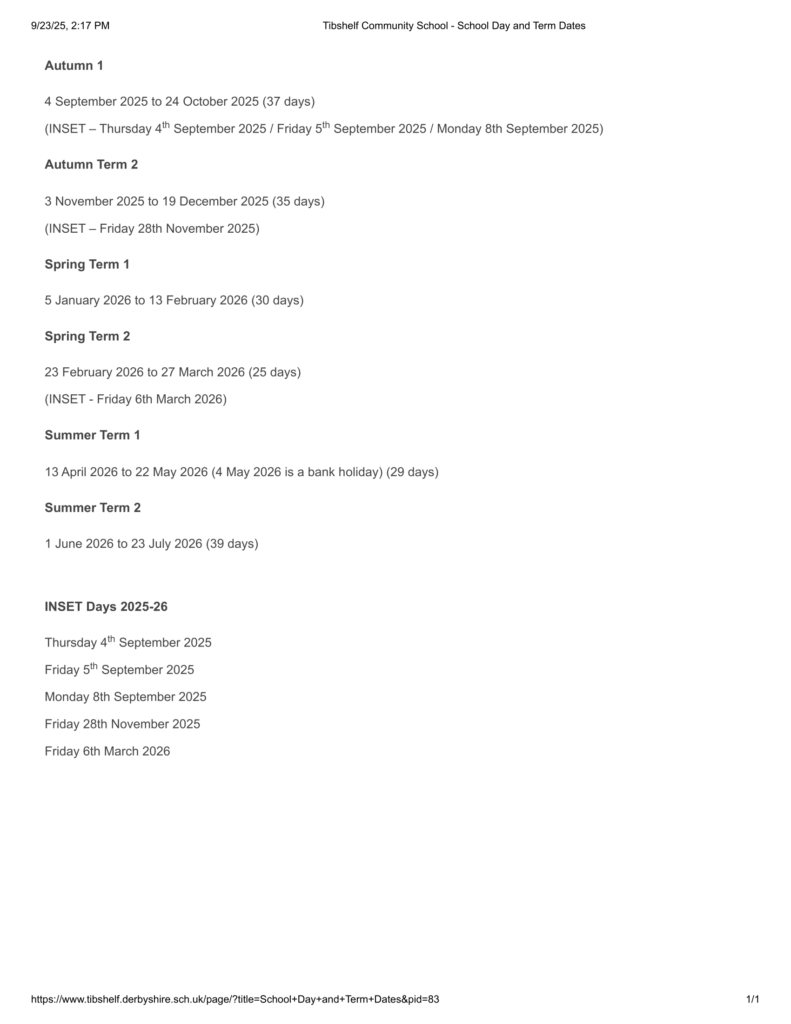 Tibshelf Community School term dates