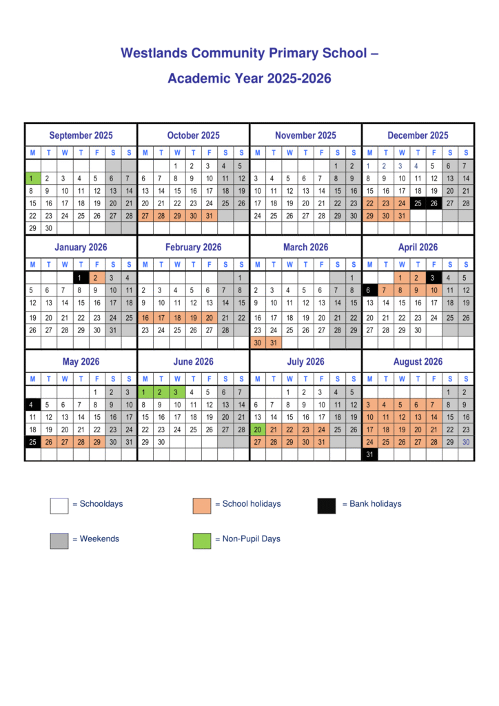 Westlands Community Primary - Term time and holidays calendar