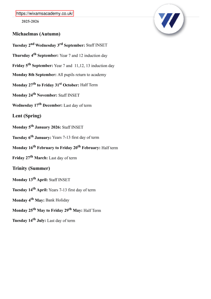 Wixams Academy - Term Dates